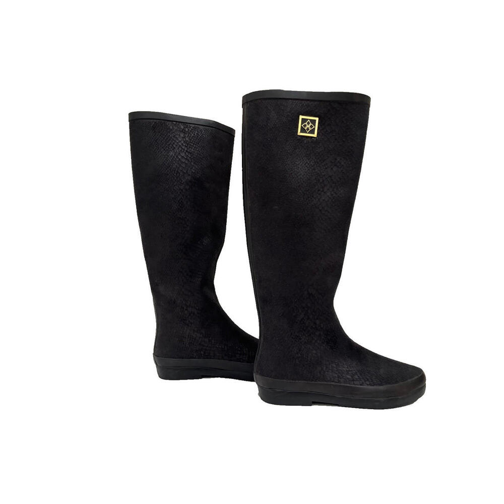 Women's DAV Black Reptile Print Rubber Boots Size 7 EUC